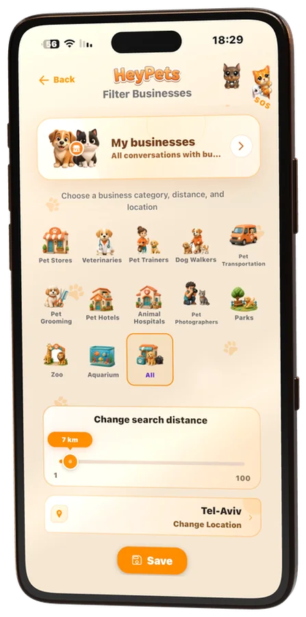 The business filter screen: 12 categories, search distance and location