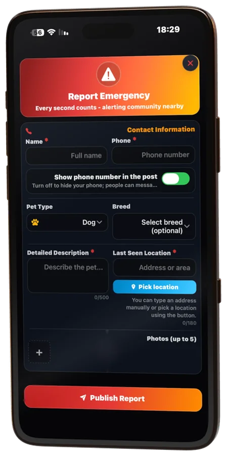 The emergency report form in the app