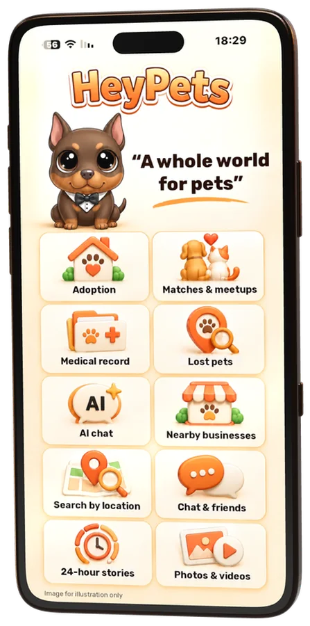 HeyPets: Graf, the words “A whole world for pets” and the app’s ten features