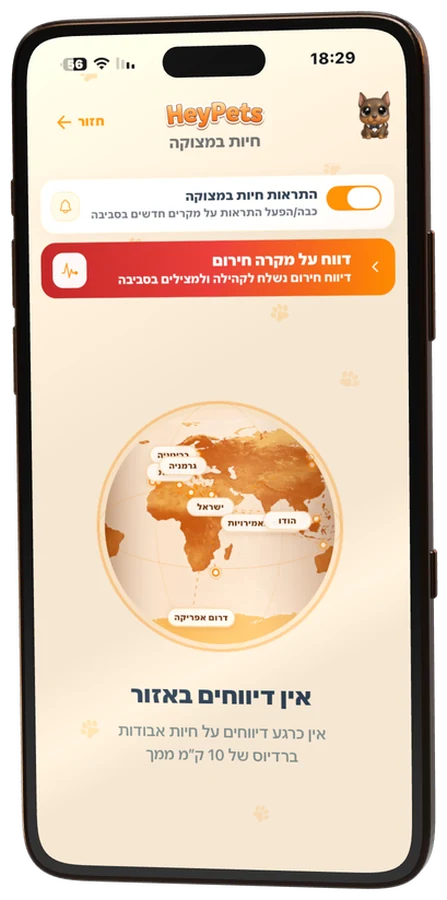 מסך חיות במצוקה באפליקציה: גלובוס עם דיווחים מהעולם והתראות על מקרים בסביבה