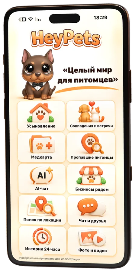 HeyPets: Граф, надпись «Целый мир для питомцев» и десять возможностей приложения